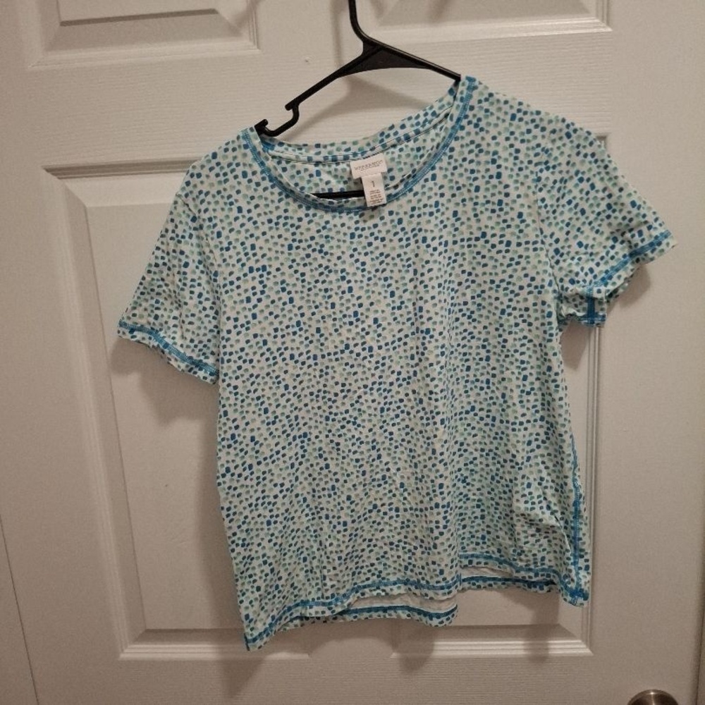 3/$15 Chico's Medium White Teal Polka‎ Dot Contrast Trim Short Sleeve Top Tee
